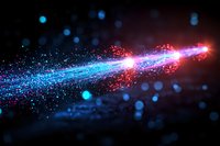 Glowing particle trail with red and blue light streaks against dark background, creating dynamic motion effect with bokeh and sparkles. Suitable for tech designs.