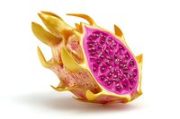 Cross-section of dragon fruit with vibrant magenta flesh and black seeds, exotic tropical fruit cut in half showing interior detail on white background.
