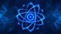 Glowing blue atomic structure with orbiting electrons on dark geometric background for science education and technology presentations.