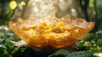 Golden translucent bowl filled with yellow mushrooms resting on forest moss, illuminated by soft sunlight filtering through trees in magical woodland setting.