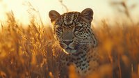 Majestic leopard portrait in golden sunset light among tall grass savanna. Close up view of wild African predator with spotted fur pattern and intense gaze.