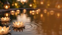 Floating lotus flowers on calm water with warm golden bokeh lights creating peaceful spa atmosphere for meditation and wellness concepts.
