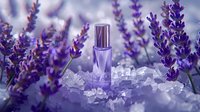 Purple perfume bottle on ice crystals surrounded by fresh lavender flowers in soft focus creates luxurious spa and beauty composition for aromatherapy advertising.
