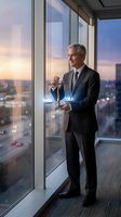 Confident mature Caucasian businessman in dark suit holding wine glass standing by floor-to-ceiling windows overlooking city skyline at sunset in modern office.