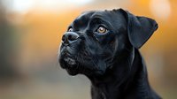 Close up portrait of black pug mix dog with amber eyes looking up against blurred orange autumn background, showing attentive and loyal expression.