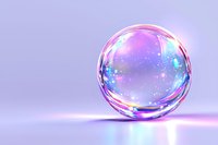 Magical glowing crystal sphere with iridescent reflections and sparkles on purple background, mystical orb radiating ethereal light and cosmic energy.
