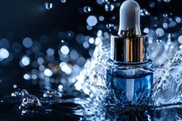 Luxury blue serum bottle with dropper in water splash against dark background with bokeh lights, cosmetic product photography for skincare advertising.