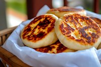Freshly baked arepas with golden-brown crispy crust served on white cloth in wooden basket, traditional Latin American corn patties with charred surface.