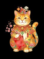 Decorative lucky cat with raised paw, ornate gold patterns, red clothing, and floral details isolated on transparent background. Ready for t-shirts, stickers, clipart, sublimation, and print-on-demand designs.