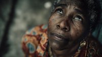 African American woman with expressive eyes looking upward with hope and determination, wearing colorful traditional clothing in dramatic lighting.