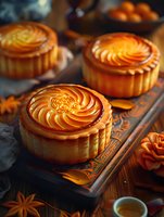 Homemade orange mooncakes with intricate spiral patterns on dark wooden background, traditional Asian pastry photographed in moody lighting with decorative elements.