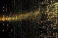 Golden digital particles flowing in abstract cyber space with glowing dots creating futuristic data stream visualization for technology backgrounds.