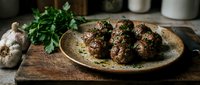 Homemade meatballs with herbs served on rustic ceramic plate, traditional comfort food for restaurant menus and culinary blogs.