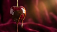 Glossy red heart-shaped chocolate candy dripping with golden caramel sauce against warm burgundy silk fabric background for romantic dessert concepts.