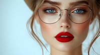 Young Caucasian woman with bright blue eyes wearing round glasses, red lipstick and natural makeup. Close up beauty portrait with soft lighting on blue background.