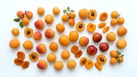 Apricots whole and halved with pits displayed on white background, suitable for food photography, culinary design, nutrition content, recipe blogs, and healthy eating marketing materials.