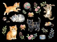 Playful cats with yarn balls, flowers, and paw prints isolated on transparent background. Ready for t-shirt designs, stickers, clipart, sublimation, and print-on-demand projects.