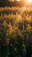 Golden sunset light illuminates wildflower meadow with floating pollen particles creating magical atmosphere for nature and wellness content.