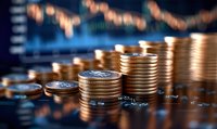 Stacks of golden coins with financial charts and graphs in background representing investment growth, wealth management, and economic success in business.
