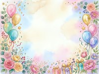 Watercolor celebration frame with colorful balloons, flowers, and gift boxes on isolated white background, ready for greeting cards, invitations, and design projects.