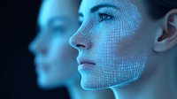Digital wireframe mesh overlay on female face profile with blue technology glow effect, showing facial recognition and biometric scanning concept for AI and cybersecurity.