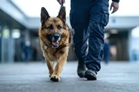 German shepherd police dog walking alongside officer in uniform during patrol duty at modern facility.