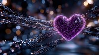 Glowing purple heart surrounded by sparkling digital network connections with bokeh lights creating romantic technology concept for Valentine's Day designs.