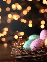 Decorated Easter eggs in natural nest with golden bokeh lights background creating magical holiday atmosphere. Pastel pink, turquoise and gold colors add festive charm.