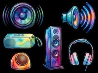 Colorful audio equipment collection featuring speaker, headphones, and sound devices isolated on transparent background, ready for t-shirt design, clipart, stickers, and print-on-demand products.