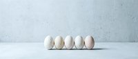 Five fresh white eggs arranged in row on clean white surface against textured blue-gray wall background for cooking and kitchen concepts.
