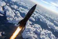 Powerful missile launching into space through cloud layer with bright rocket engine flame, dramatic low angle view against atmospheric background.