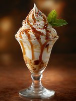 Whipped cream sundae topped with caramel sauce, colorful sprinkles and fresh mint leaf in elegant glass, served on wooden surface against dark background.