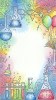 Colorful science laboratory frame with test tubes, DNA helix, balloons and party elements on watercolor background for educational celebration designs.