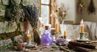 Rustic herbal apothecary setup with lavender bundles, purple potion bottles, burning candles and dried flowers on wooden table for natural wellness.