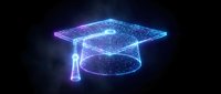 Futuristic holographic graduation cap with neon blue and purple lights on dark background for education technology concepts and academic achievement designs.