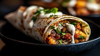 Grilled chicken burrito with melted cheese, fresh herbs, and spicy sauce drizzle served on black plate. Close up view of Mexican wrapped tortilla filled with meat and vegetables.