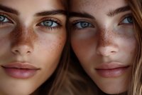 Two young Caucasian women with freckles and blue eyes in close intimate portrait showing natural beauty and sisterhood bond for skincare concepts.