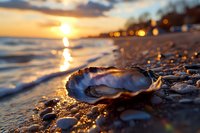 Open oyster shell on beach at golden sunset with waves and bokeh lights, pearl-like reflections on wet pebbles create magical coastal atmosphere.