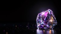 Luminous crystal formation with purple and blue light reflections on dark background, magical glowing gem with sparkles and bokeh effects creates mystical atmosphere.