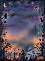Halloween watercolor frame with spooky elements, haunted house, pumpkins, bats, ghosts, witch, black cats, spider webs on gradient purple sky background.