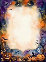Watercolor Halloween border frame with pumpkins, bats, ghosts, and black cat on spooky night background with blank center for text.
