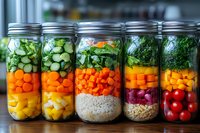 Layered mason jars filled with fresh vegetables and grains for meal prep, storage, and healthy eating organization on wooden surface.