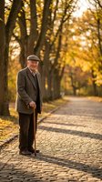 Senior Caucasian gentleman with walking cane strolling on cobblestone path through golden autumn park during warm sunset light creating peaceful retirement moment.