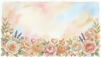Watercolor floral border with roses, peonies, and botanical elements featuring hearts, isolated on white background for design projects.