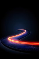 Glowing curved light trail on dark background with blue dotted surface creates futuristic path effect, suggesting speed, technology and motion forward.