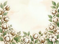 Watercolor cotton flowers and green leaves border on beige background with copy space for wedding or greeting card design.