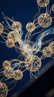 Golden wireframe molecular structure with glowing shield symbol representing cybersecurity protection and network defense against digital threats.