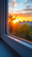 Dramatic sunset view through modern window frame with golden hour light casting warm glow on windowsill, urban landscape and cloudy sky in background.