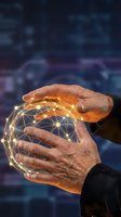 Businessman hands protecting glowing network sphere with connected nodes representing digital transformation, cybersecurity and global connectivity solutions.