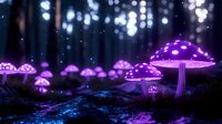 Glowing purple mushrooms in dark mystical forest with bokeh lights and sparkles creating magical nighttime woodland atmosphere.